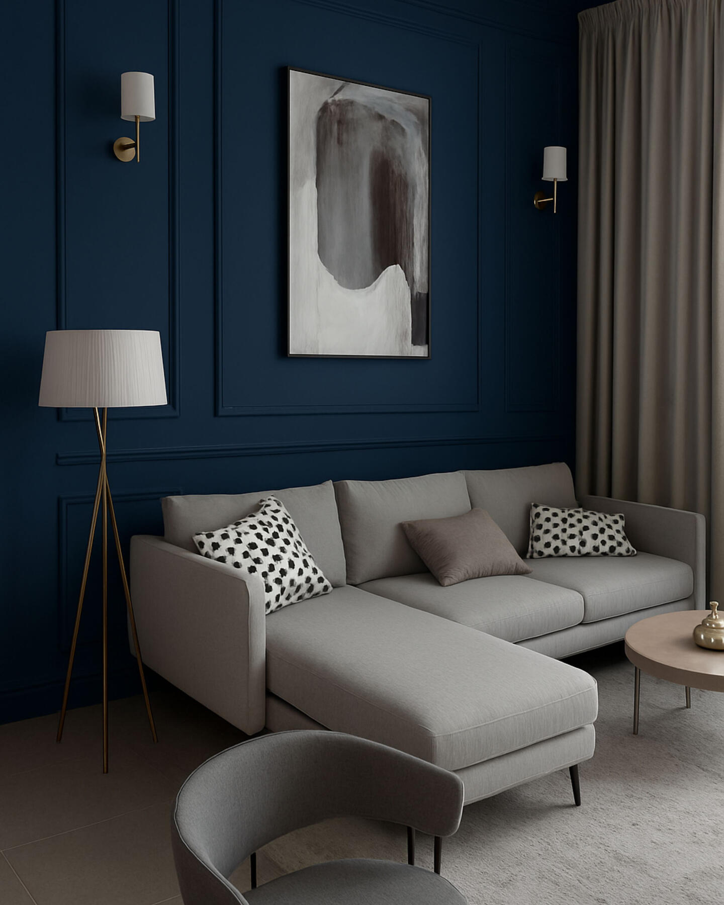 Harmonious Blend of Rich Navy and Neutral Furnishings